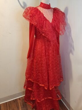 FUN COSTUMES Red Gothic Wedding Dress  Lace Ruffled High-Neck Maxi Sx M